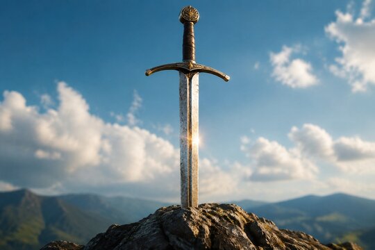 A weathered longsword plunged into a craggy rock, sunlight glinting.