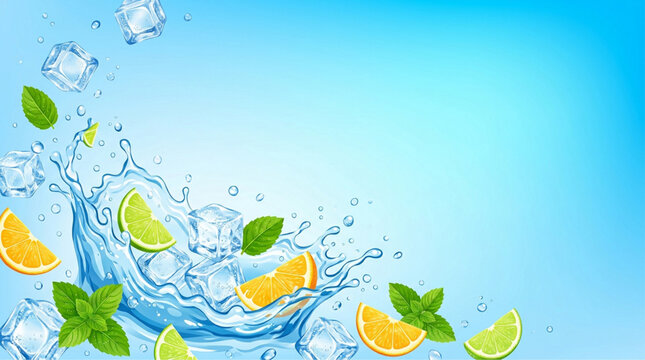 Refreshing summer drink, citrus splash, water droplets, mint leaves, orange and lime wedges