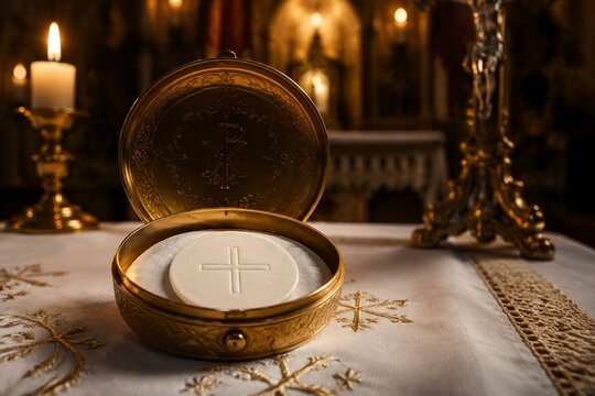 Open pyx containing white communion wafer on altar, illuminated by candlelight, still composition.