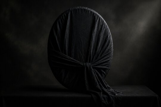 A mirror completely covered and bound with black cloth, no reflection.