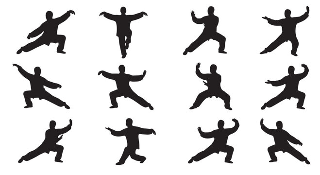 Silhouettes of people practicing tai chi exercises with exercise meditation wellness silhouette