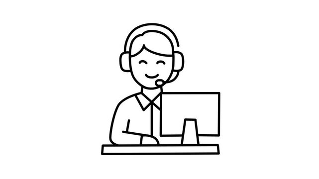 Line art animation of a male customer support agent with a headset working on a computer at his desk.