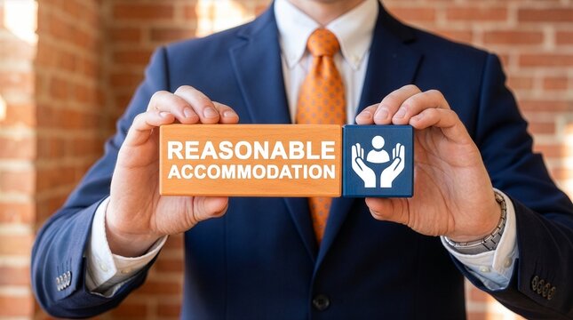 Сoncept of reasonable accommodation. Businessman holding blocks with icon of person and hands sees the text REASONABLE ACCOMMODATION. New concept