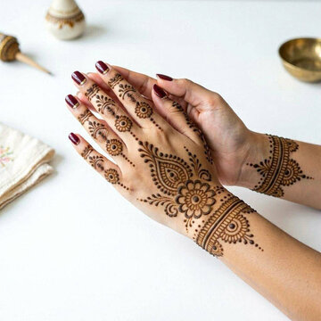 Mehandi design on hands. Henna tattoo art on female skin. Traditional Indian wedding body decoration for celebration.