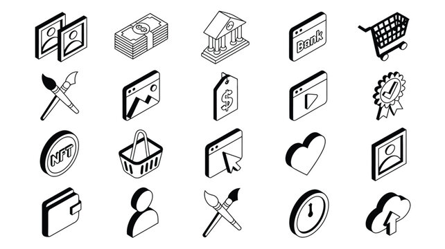 Set of isometric black and white icons for crypto marketplace non fungible token art digital assets and online banking systems.