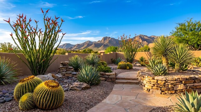 Beautiful desert garden with blooming cacti and agave plants under a bright sunny blue sky. arizona yard