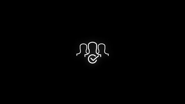 Three stylized white outline figures of people stand side by side with a circular checkmark symbol in front of the middle figure on a dark black background signifying selection approval or a chosen