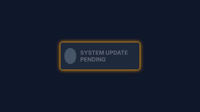 Animated system update notification, glowing orange loading circle with text 'SYSTEM UPDATE PENDING', dark background, seamless loop, symbolizing technological progress and software updates.