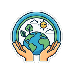 Obraz premium Hands Holding Earth Planet with Green Tree, Sun, Clouds, Rainbow - Eco Concept