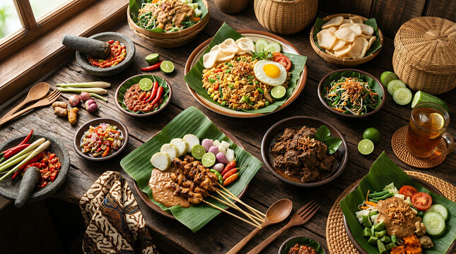 Traditional Indonesian Food on Table.