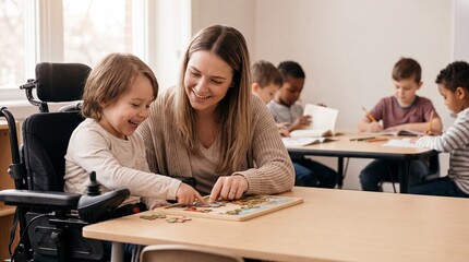 Fototapeta premium Teacher Aide Helping Child in Wheelchair with Classroom Activity