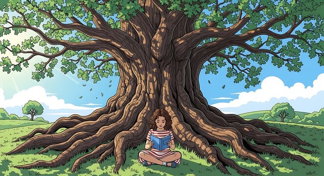 Child sitting under large spreading oak tree reading an interesting book