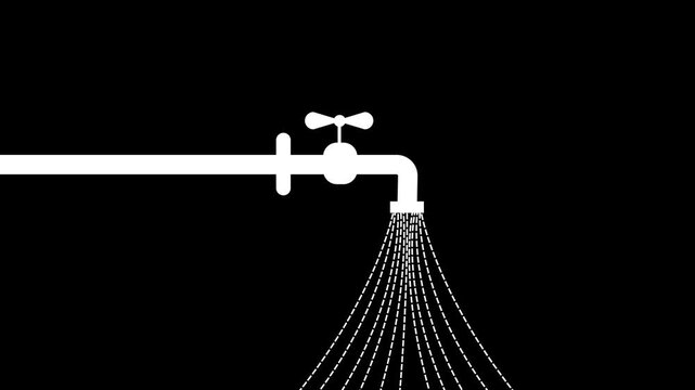 White water faucet with flowing water depicted as dashed lines against a solid black background representing a simple for water flow or plumbing services