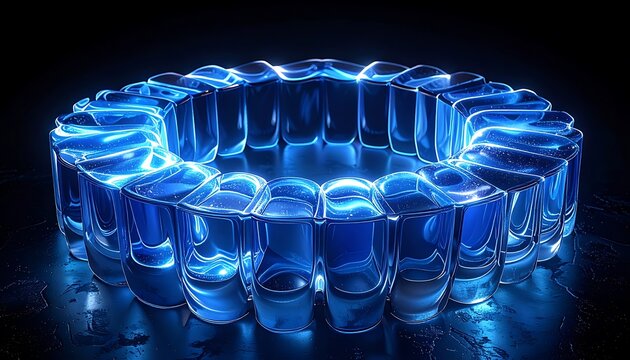 Abstract glowing blue torus structure with intricate crystalline details and futuristic energy lines, digital render