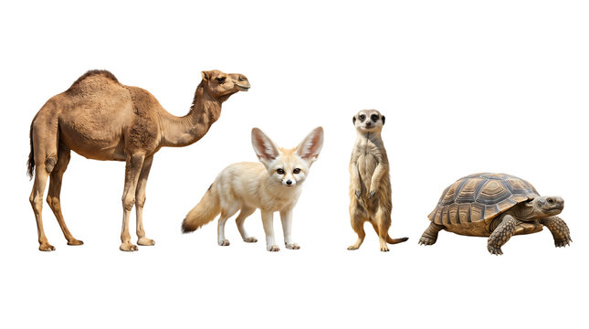 Desert animals camel fennec fox meerkat and tortoise on transparent background