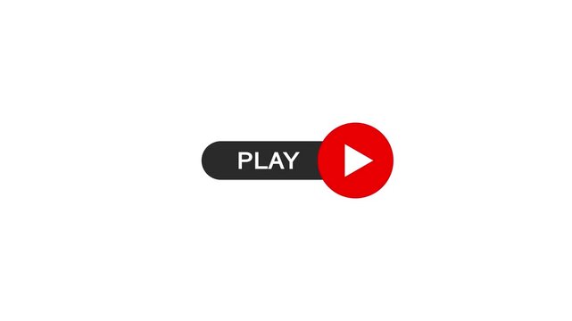 A dark gray rounded rectangle button with the white text PLAY is positioned to the left of a bright red circle containing a white right-pointing triangle play on a clean white background