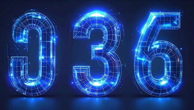 Abstract glowing digital numbers zero three six made of blue light particles and geometric grid, representing technology and data