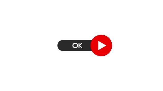 A dark gray rounded rectangle button with the white text OK is positioned to the left of a bright red circle containing a white right-pointing triangle play on a clean white background Keywords