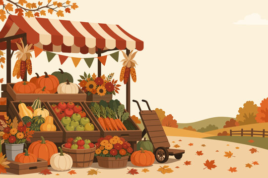 Autumn Farmers Market Stall Vector Local Culture Poster