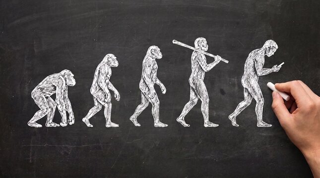 Chalk drawing on a blackboard illustrating the evolution of man from ape to modern human engrossed in a smartphone, with a hand adding the final touch.