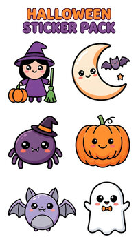 Halloween sticker pack with cartoon characters. Spooky icons for kids. Halloween decoration elements.