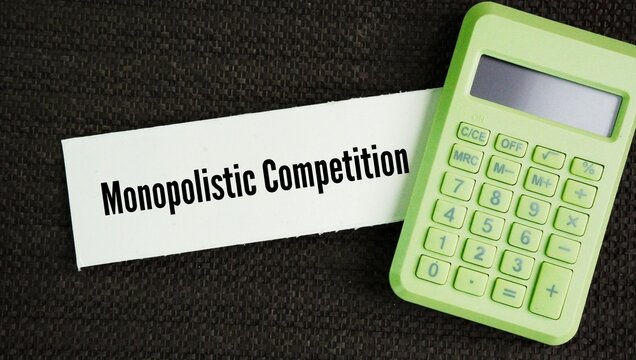 Calculator and paper with the word Monopolistic Competition. market structure where many businesses sell products that are similar but not identical.