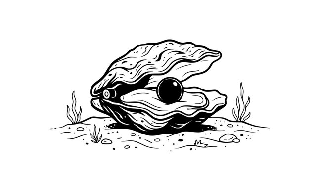 Oyster Shell with Black Pearl Illustration - Ocean Treasure