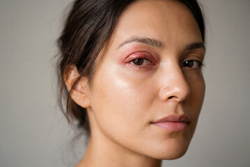 Naklejka premium Close up of young woman face with swollen red eyelid and eye infection