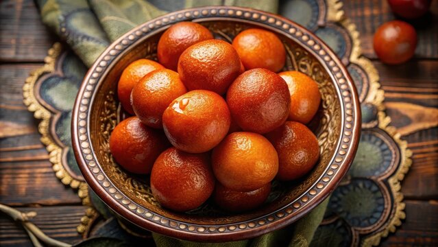 Top view of traditional gulab jamun in decorative bowl popular indian sweet