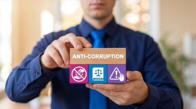 Business person holding colorful blocks with icons sees inscription ANTI-CORRUPTION. Concept of anti corruption activities that oppose or inhibit corruption. International anti-corruption. New