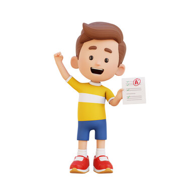 3D Kid Boy Happy with Good Score Achievement Concept