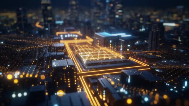 暗い空間を満たす光るIoTトラッキングデータの粒子と発光する塵