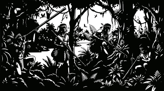 Tribal hunters in jungle, silhouette, spears, tropical forest, indigenous people