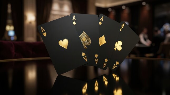 Elegant set of four black playing cards with gold foil ace symbols standing on a reflective surface in a luxury casino background, representing high stakes gambling and premium elite entertainment