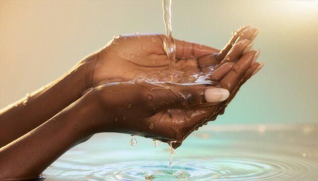 Close up photo of an African person catching clean water poured into their both hands by the waterside with warm light shining through