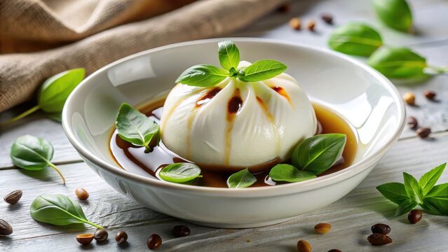 A delicate orb of creamy whole burrata cheese glows softly in a white linen bowl surrounded by fragrant fresh basil leaves and a drizzle of rich balsa