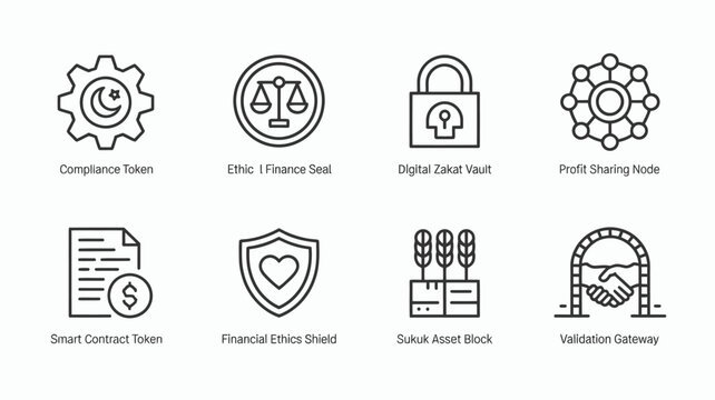 Set of Islamic finance line icons featuring compliance token ethical seal zakat vault profit sharing node and sukuk asset block.