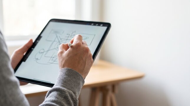 Close-up of hands using a stylus to draw a technical wireframe and diagram on a tablet in a bright home office setting.