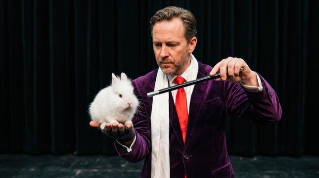 Professional magician in purple velvet jacket and red tie performing a classic illusion trick with a magic wand and a fluffy white rabbit on stage.