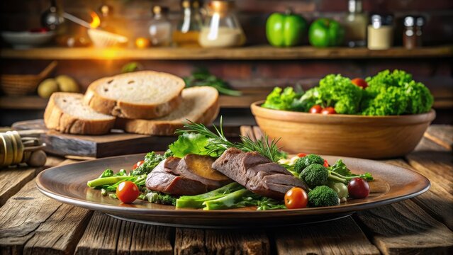 Lamb liver food green vegetables plate local bread wooden table restaurant kitchen