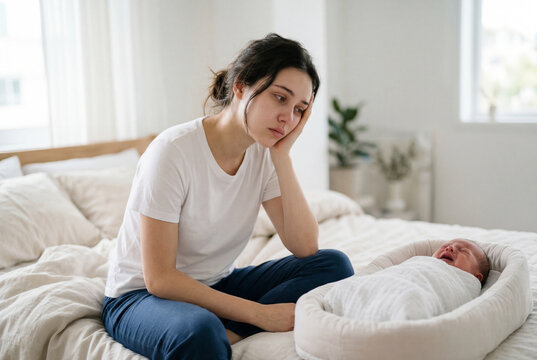 Tired mother sitting on bed next to a crying baby