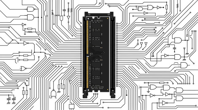 Computer RAM module on abstract electronic circuit board background