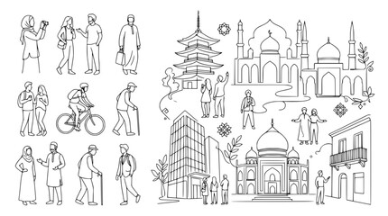 Fototapeta premium Diverse People and Landmarks: Line Art Collection