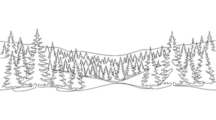 Continuous Line Drawing of a Snowy Pine Forest Landscape © illustration