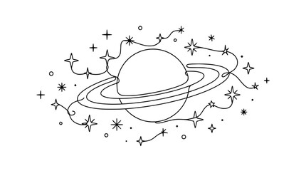 Minimalist Line Art of Saturn with Stars and Swirls, Cosmic Space Illustration © illustration