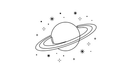 Minimalist Saturn planet with rings and stars, line art, isolated on white background. © illustration
