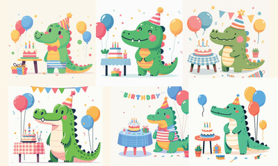 Fototapeta premium Cute crocodile birthday party vector illustration set with cake, balloons and festive decorations, kawaii cartoon reptile collection