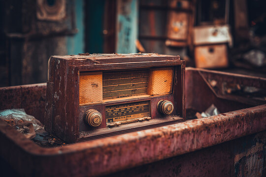Old dusty radio sitting inside a rusty industrial bin
