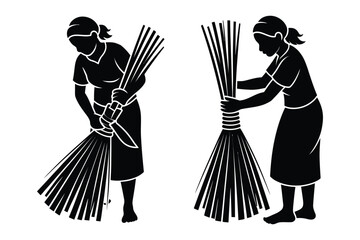 Obraz premium Black silhouette illustration of women bundling and tying organic sticks