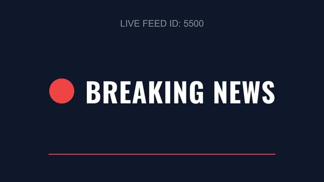 Breaking news animation, dynamic text display with live feed ID and red alert symbol on dark background, symbolizing urgency and importance, seamless loop.
